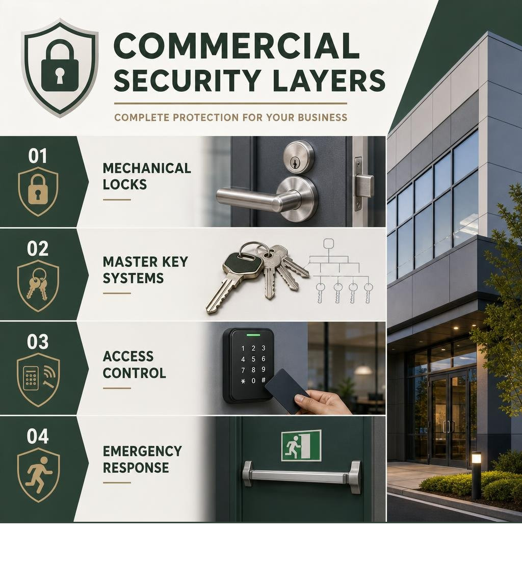 Infographic showing commercial security layers: mechanical locks, master key systems, access control, and emergency response