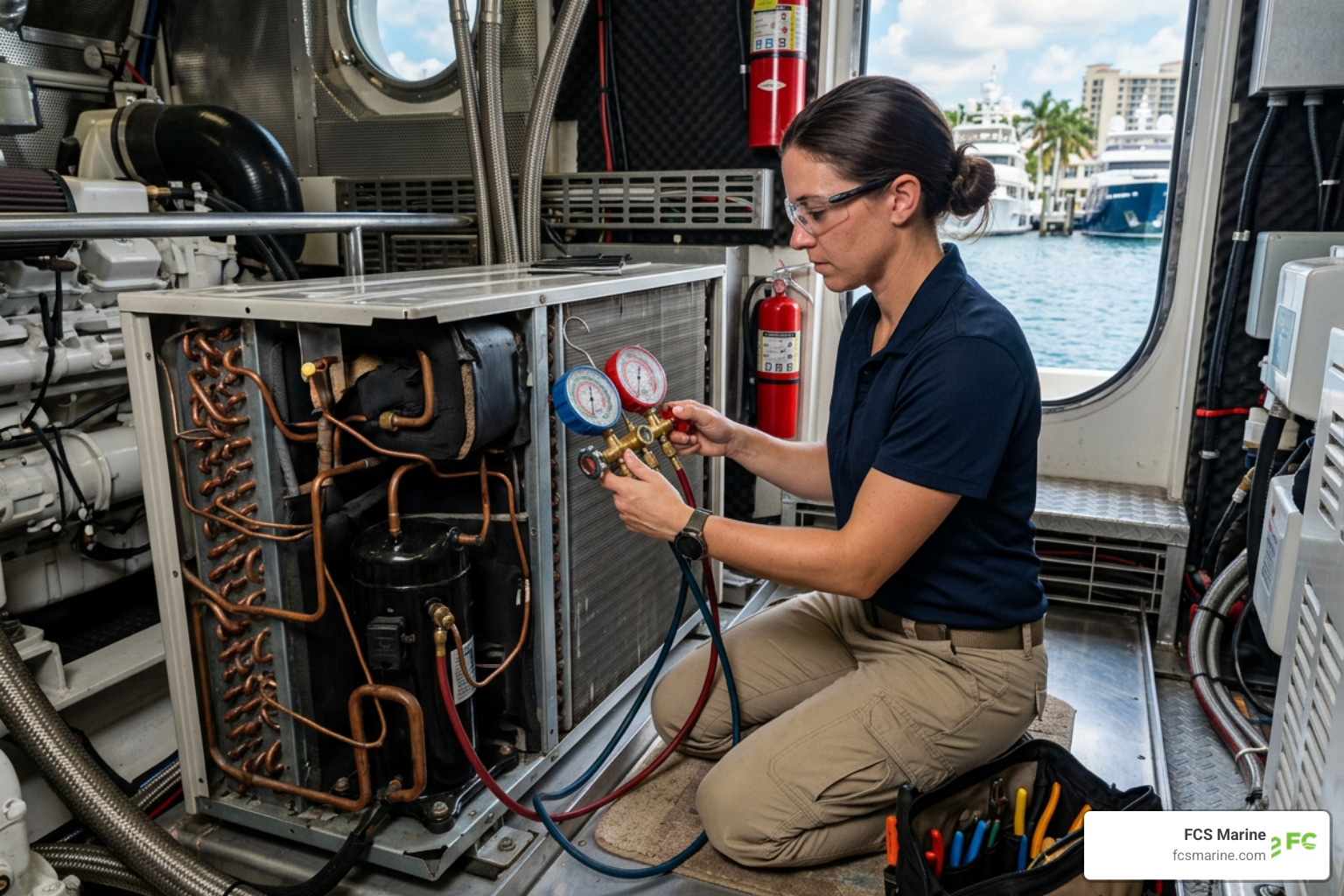Marine AC technician testing refrigerant pressure on a yacht split-gas system