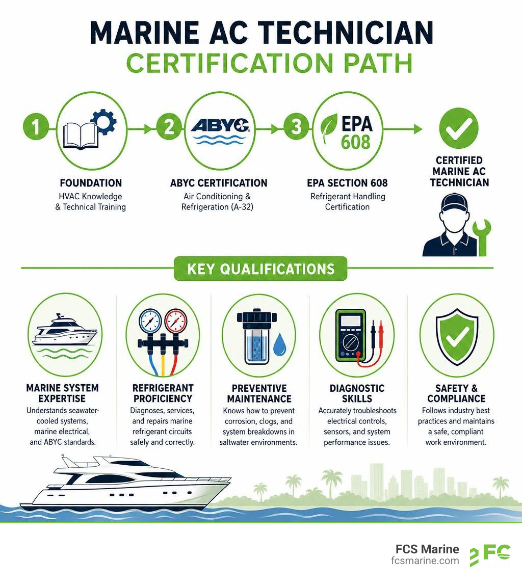 Marine AC technician certification path infographic with ABYC, EPA 608, and key qualifications infographic