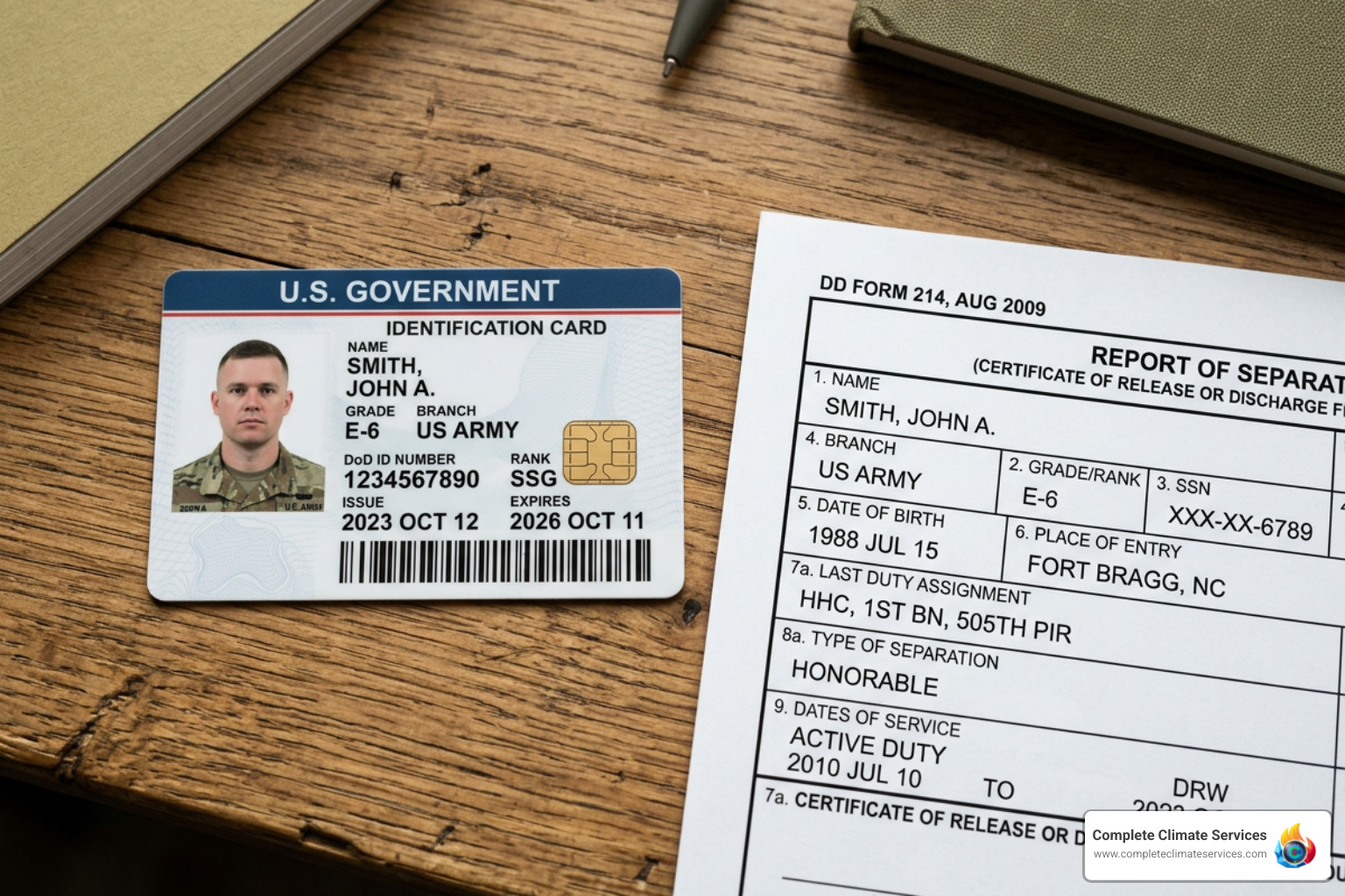 Military identification cards and DD-214 form used for service verification Military identification cards and DD-214 form used for service verification