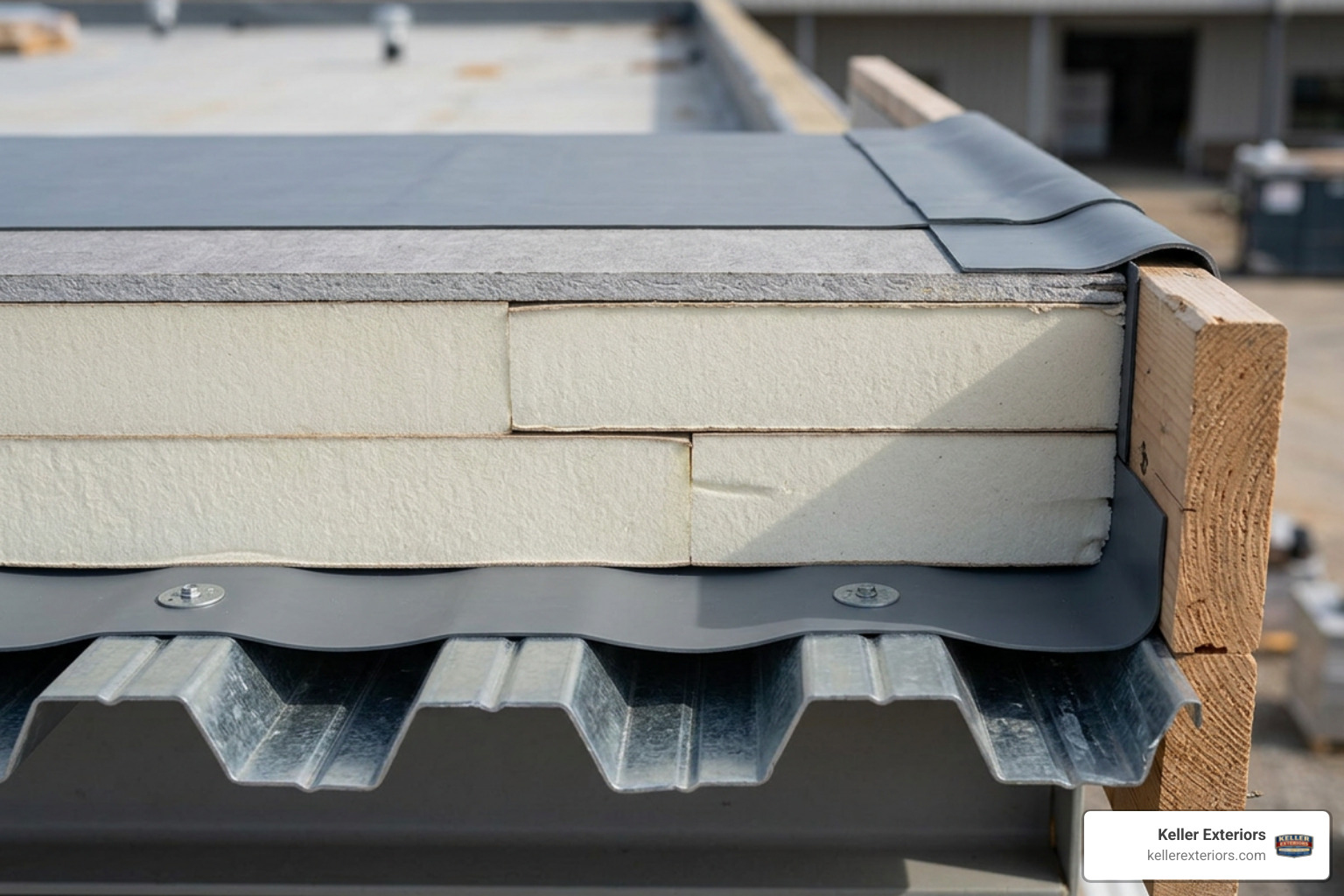 roof deck assembly showing the structural deck, vapor barrier, insulation, and cover board layers roof deck assembly showing the structural deck, vapor barrier, insulation, and cover board layers