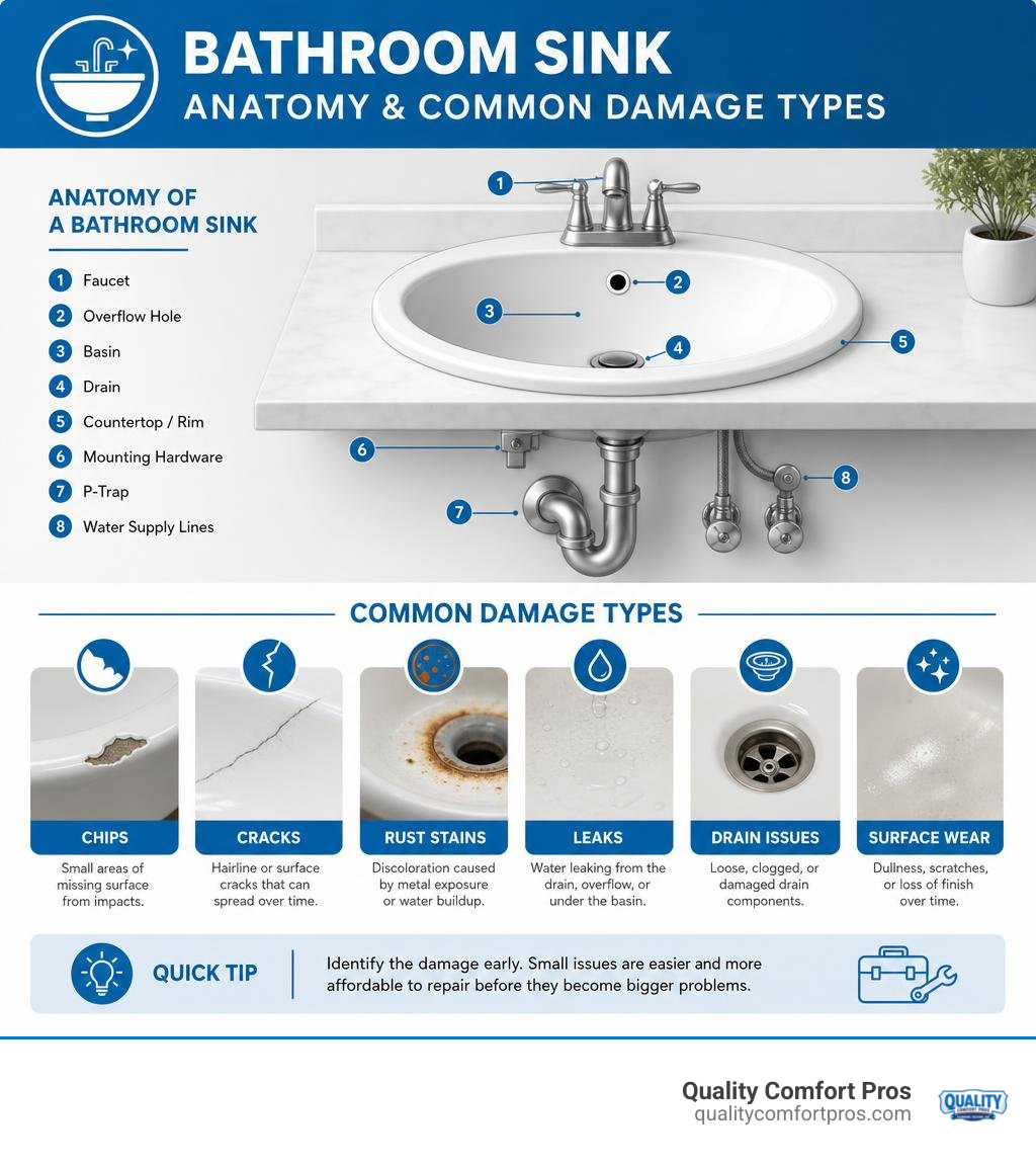 Bathroom sink anatomy and common damage types infographic infographic