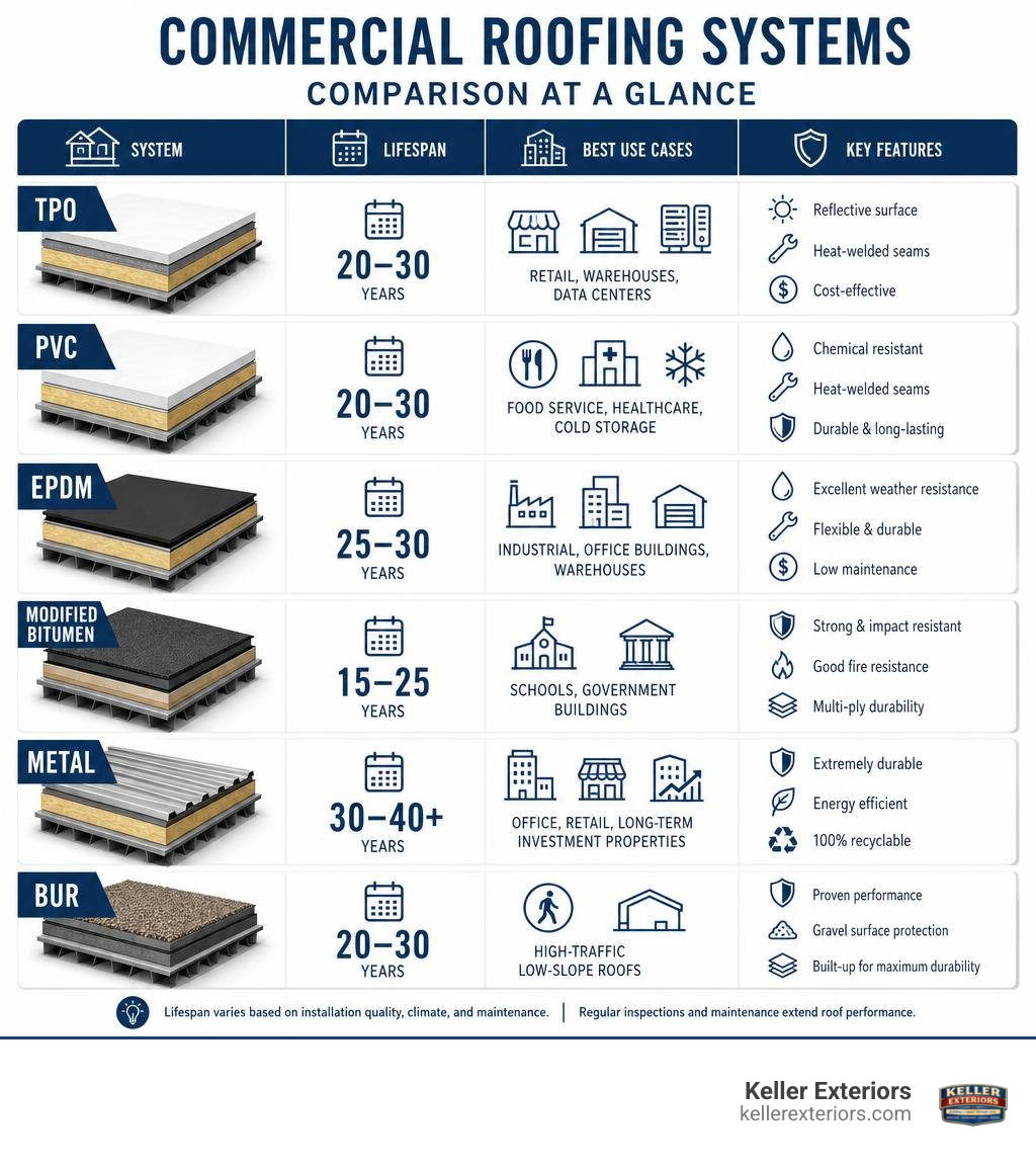 Comparison infographic of commercial roofing systems showing lifespan, best use cases, and key features for TPO, PVC, EPDM Comparison infographic of commercial roofing systems showing lifespan, best use cases, and key features for TPO, PVC, EPDM