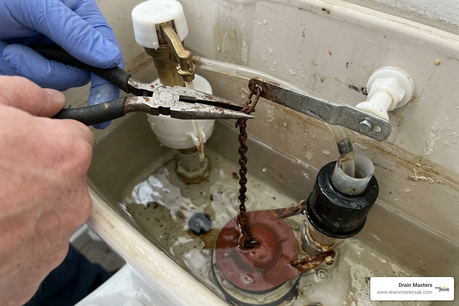 Disconnecting the old toilet chain inside the tank Disconnecting the old toilet chain inside the tank