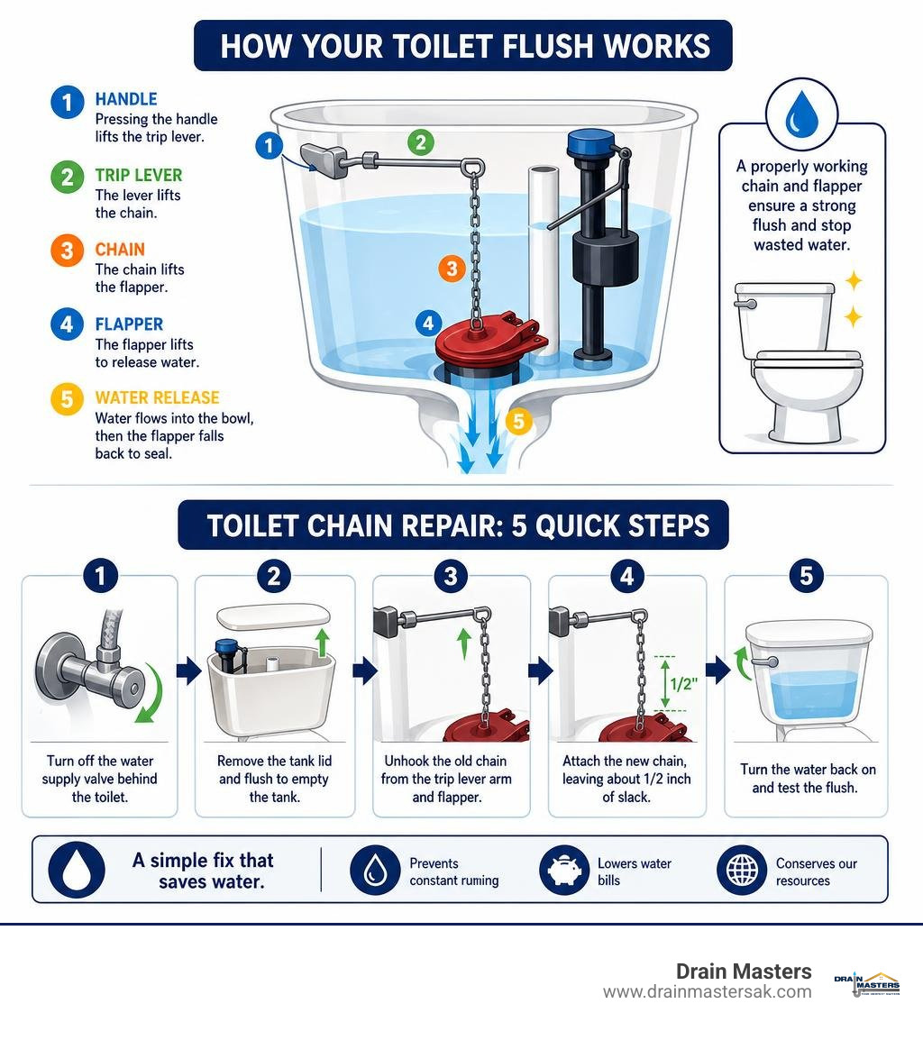 Infographic showing toilet flush mechanism steps and toilet chain repair quick-fix overview infographic
