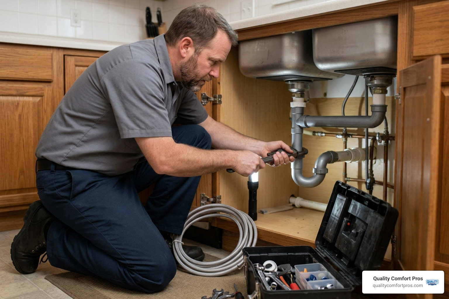 plumber working under sink plumber working under sink