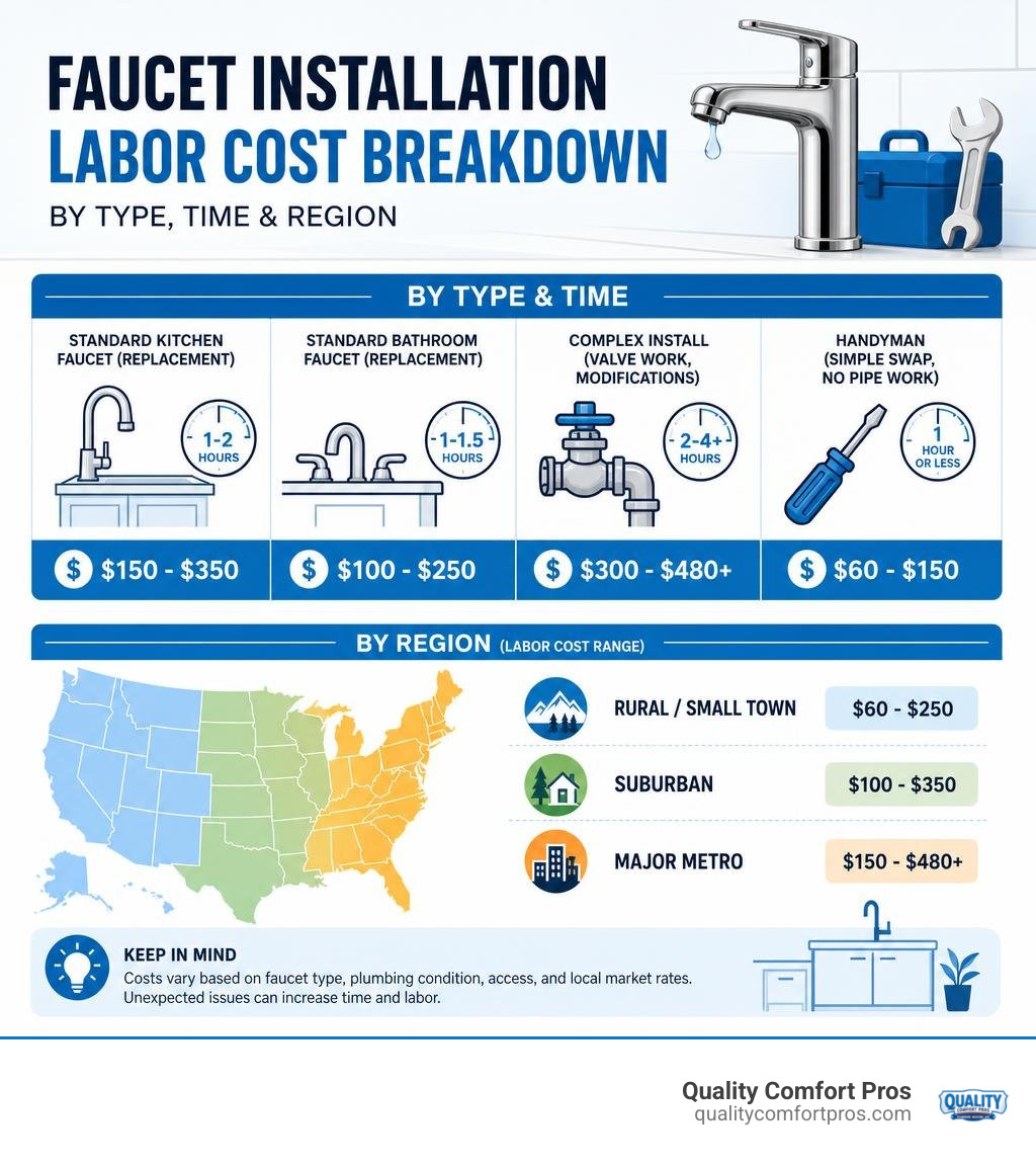 Infographic showing faucet installation labor cost breakdown by type, time, and region infographic Infographic showing faucet installation labor cost breakdown by type, time, and region infographic