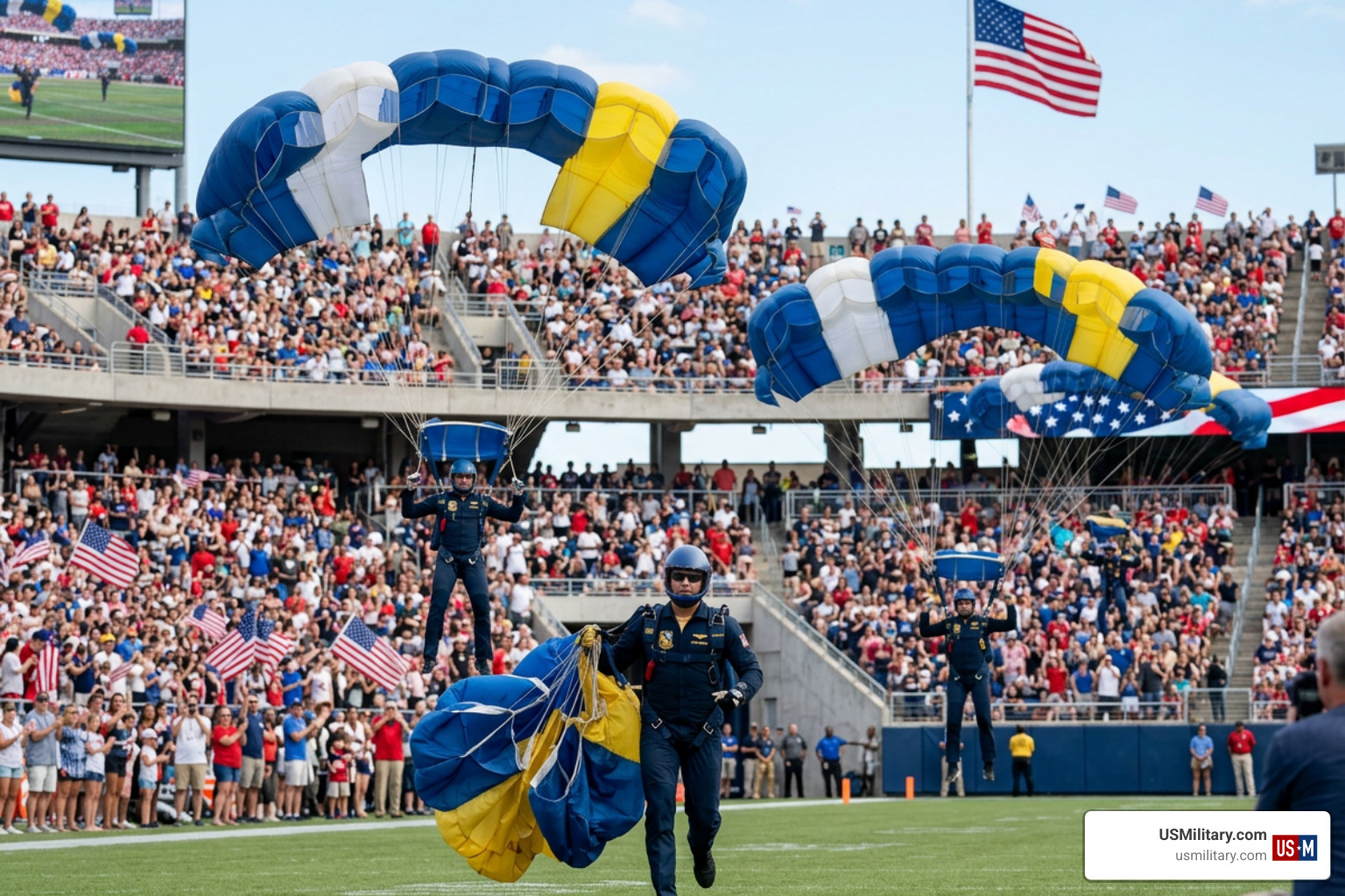Navy Parachute Team Leap Frogs performing a parachute jump during a public July 4th demonstration