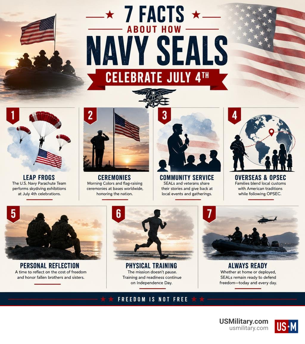 Infographic showing 7 facts about how Navy SEALs celebrate July 4th including Leap Frogs, OPSEC, and ceremonies infographic