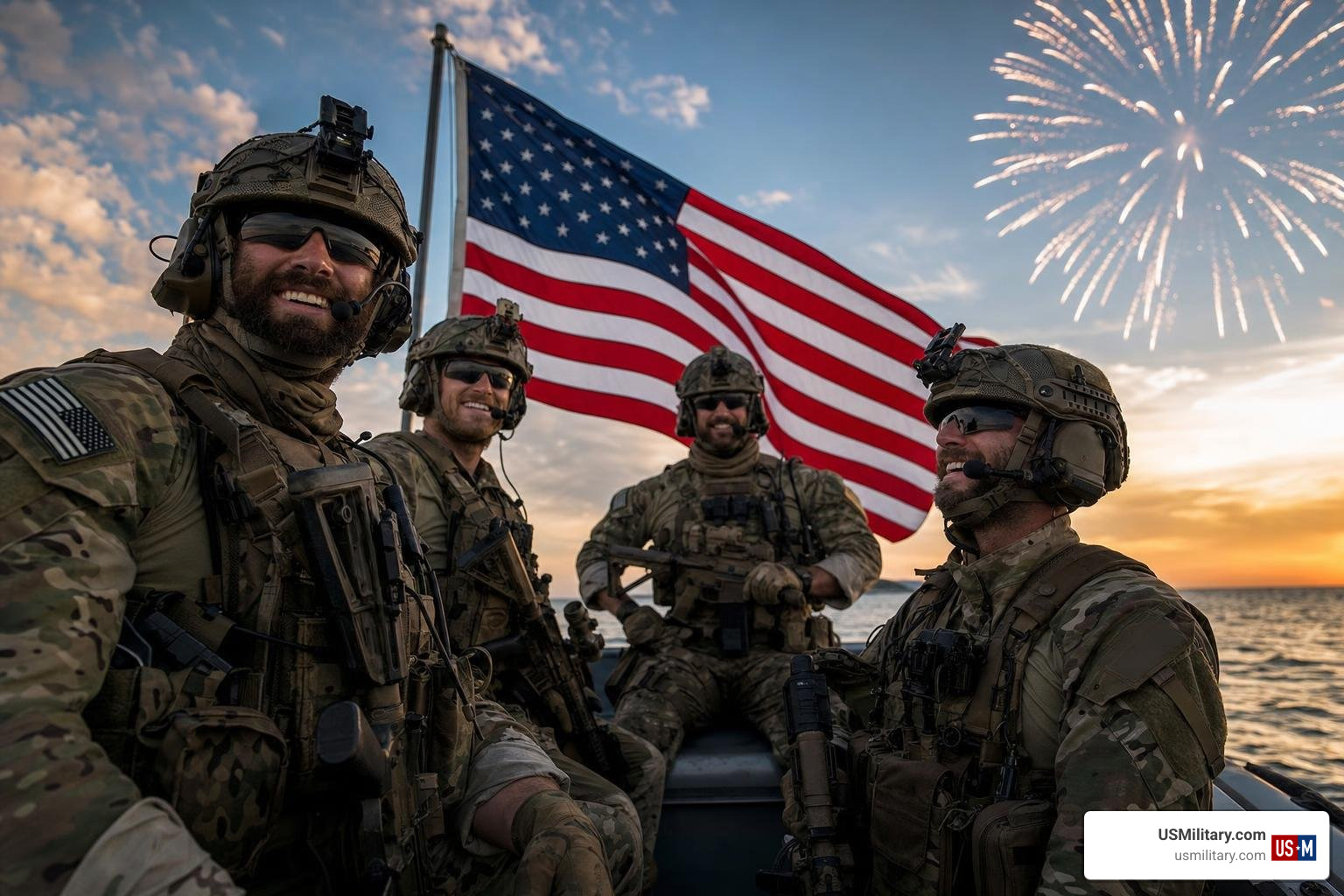 Navy SEALs celebrating Independence Day with American flag and patriotic imagery