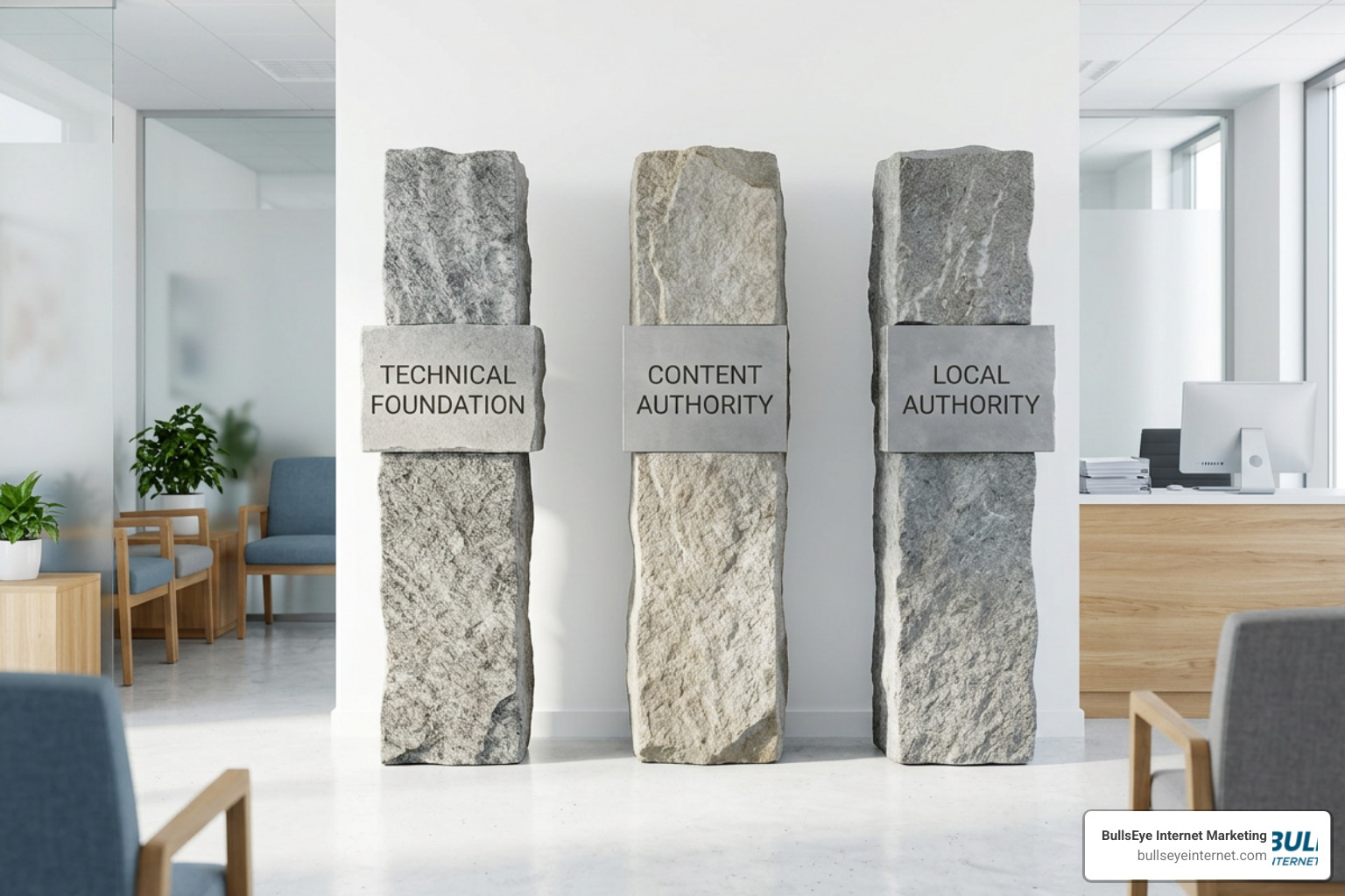 The three pillars of medical SEO: technical foundation, content authority, and local authority Three stone pillars representing Technical SEO, Content Authority, and Local Authority for medical practice online