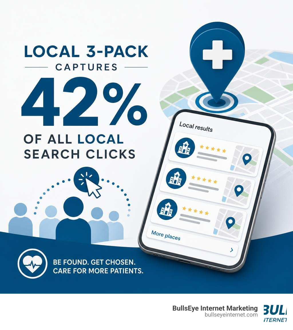 Stat showing Local 3-Pack capture of 42% of local search clicks infographic Google Local 3-Pack results displaying top clinic listings and 42% of local search clicks.