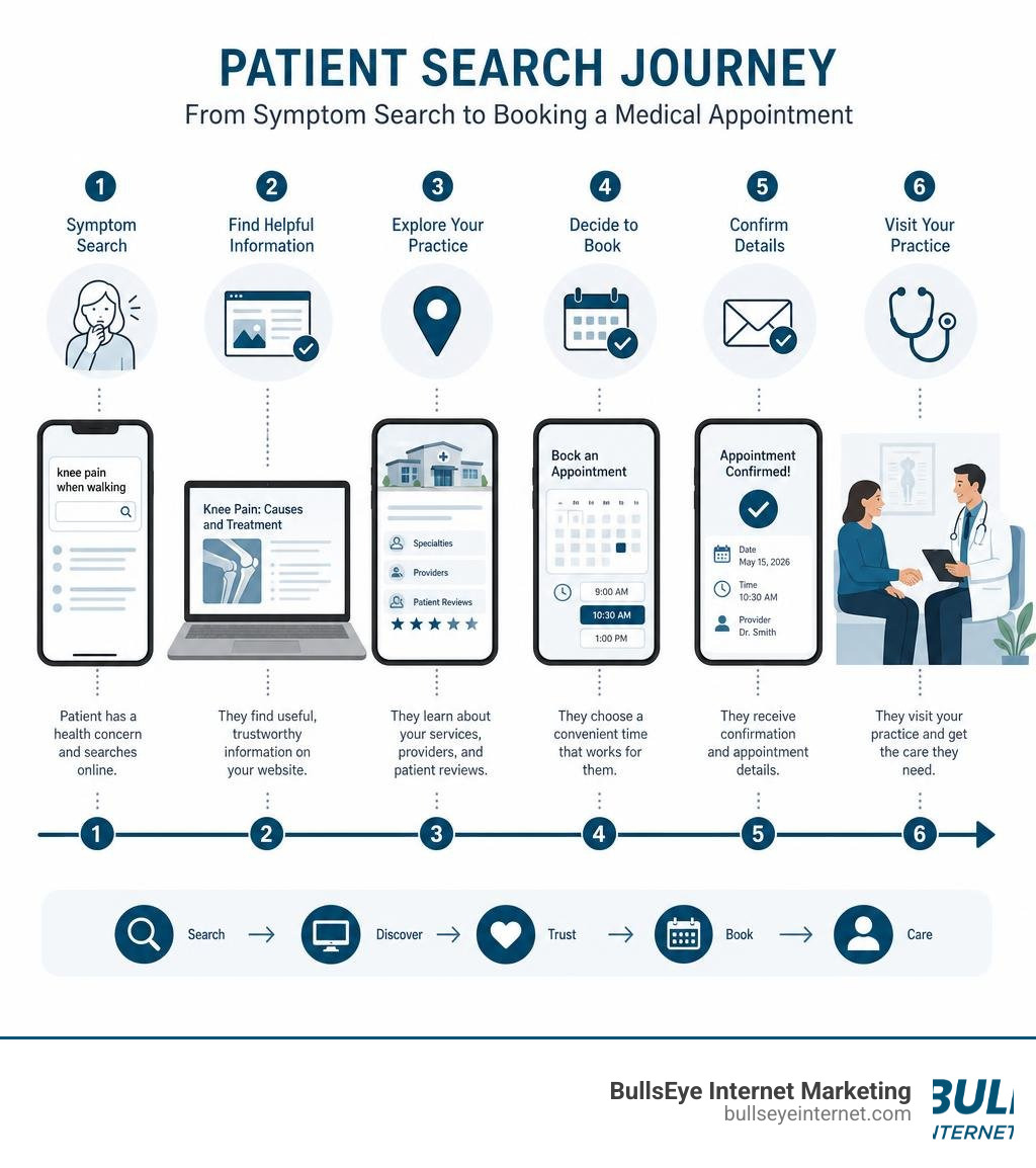 Patient search journey from symptom search to booking a medical appointment infographic Patient search journey illustrating symptom search to booking a medical appointment and visiting a practice.