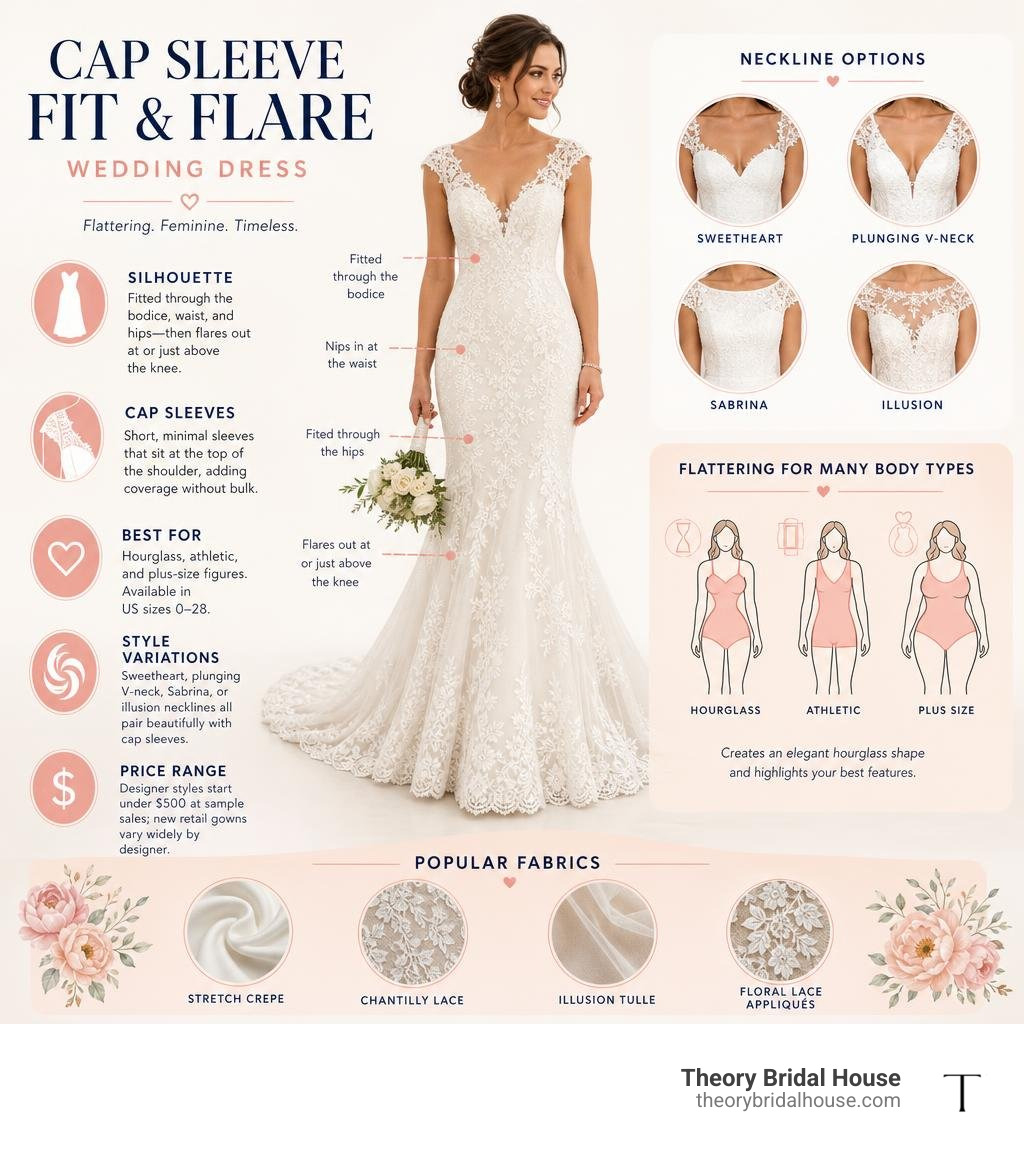 Infographic explaining cap sleeve fit and flare wedding dress silhouette, features, and body types infographic