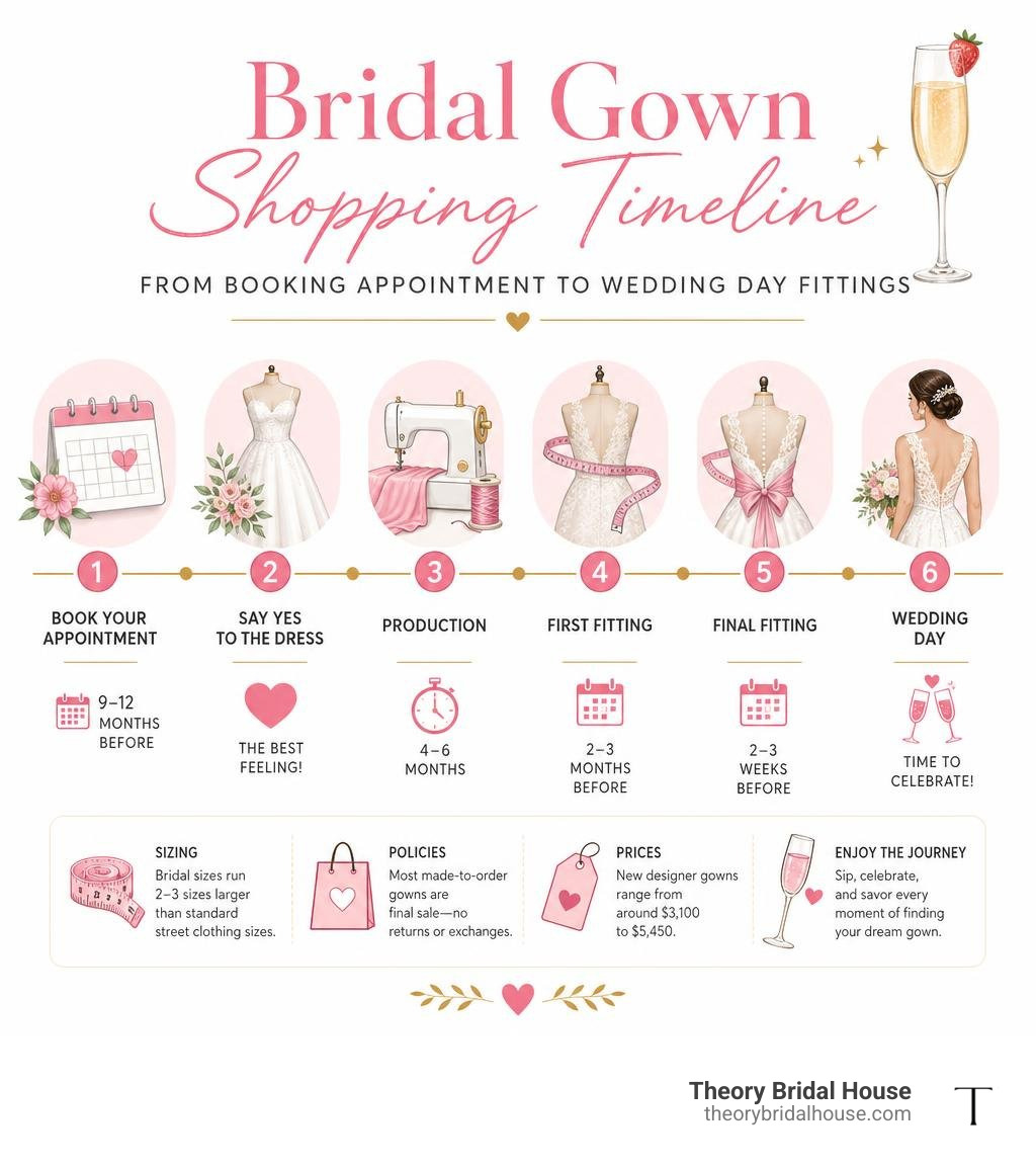 Bridal gown shopping timeline infographic from booking appointment to wedding day fittings infographic Bridal gown shopping timeline infographic from booking appointment to wedding day fittings infographic