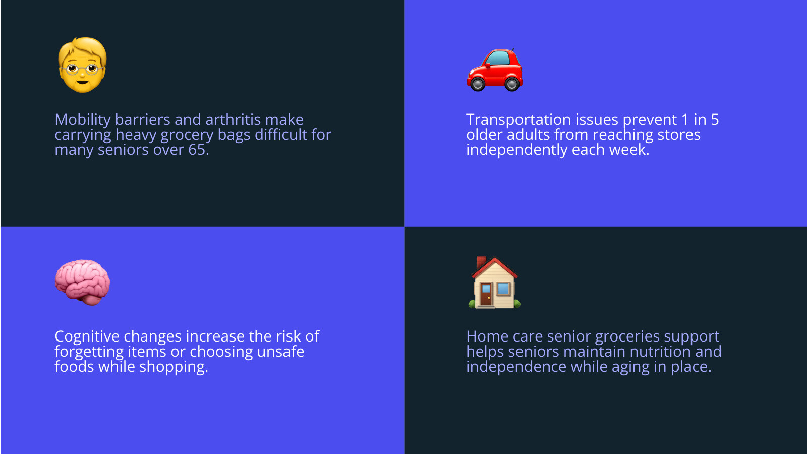 challenges seniors face grocery shopping infographic with mobility, transport, nutrition, and support options infographic