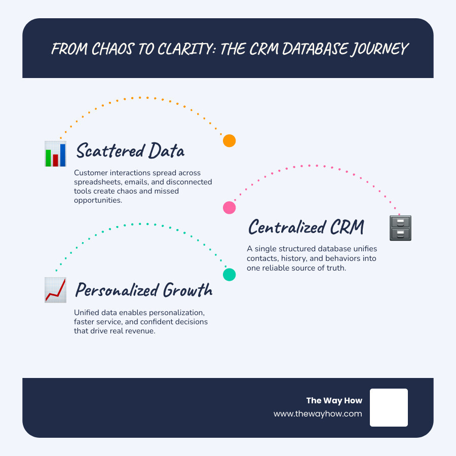 CRM database structure showing customer data flow from multiple channels into a centralized system infographic