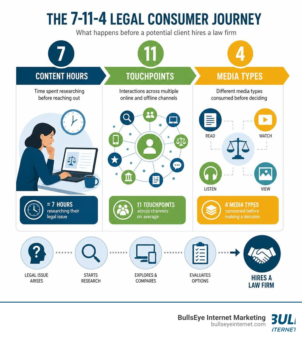 7-11-4 legal consumer journey infographic showing content hours, touchpoints, and media types before hiring infographic