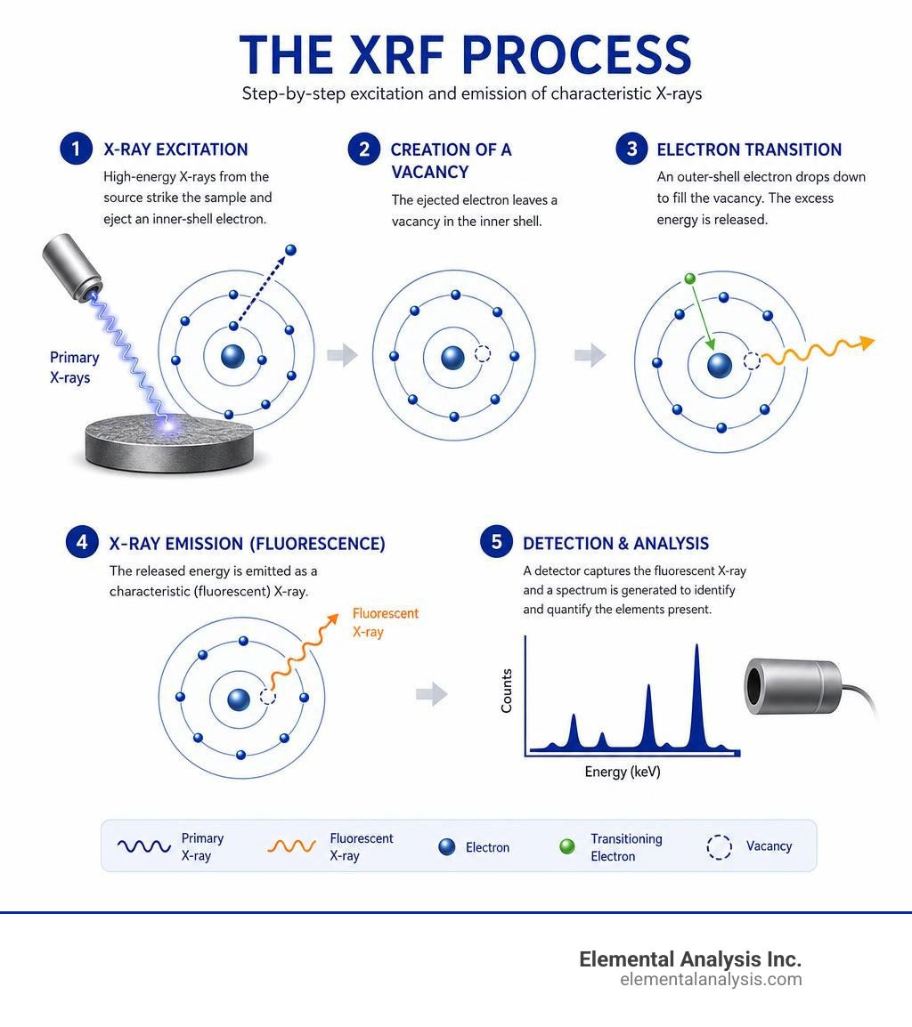 Step-by-step XRF excitation and emission process infographic infographic