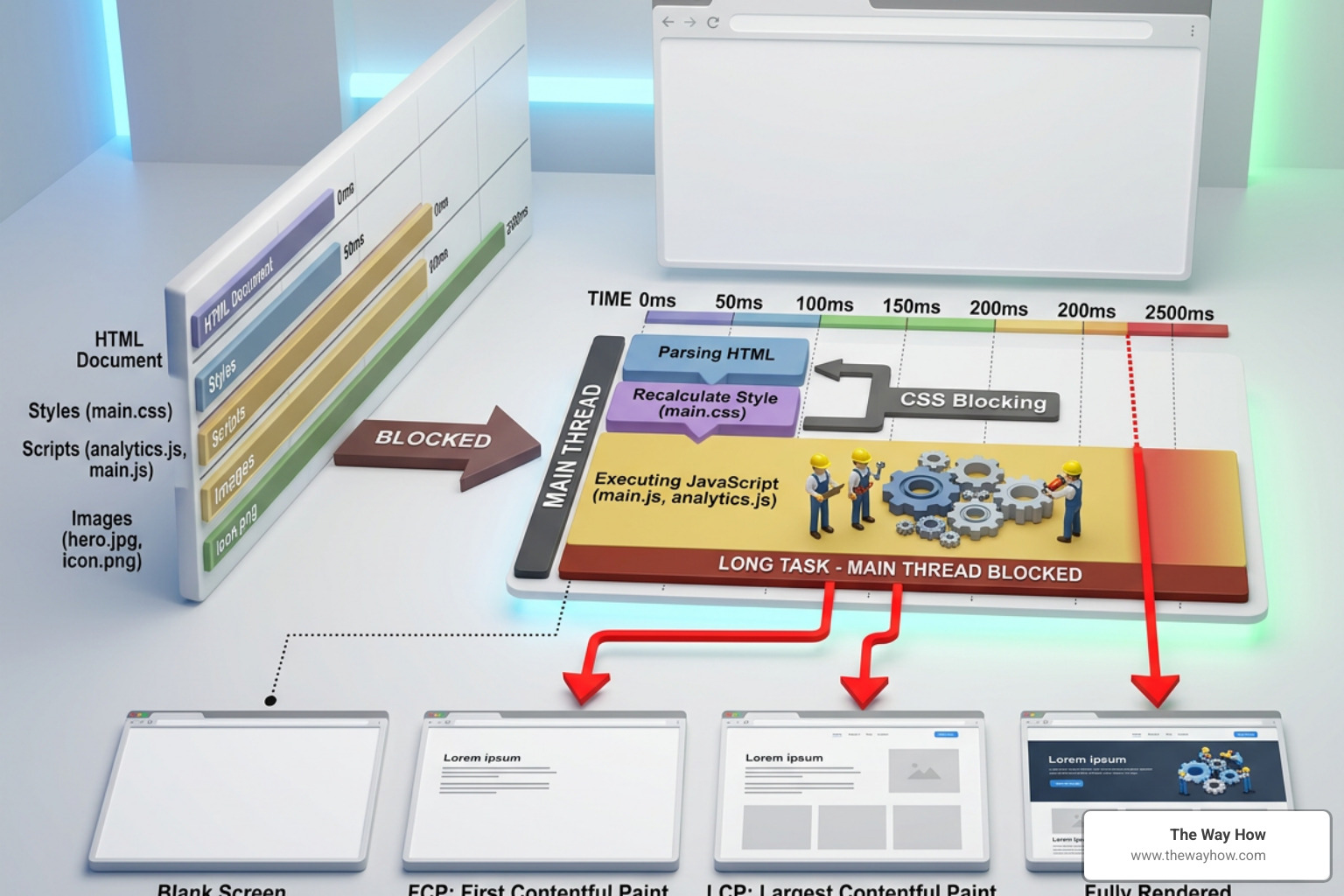 A clean visualization of render-blocking resources and how they delay the browser main thread
