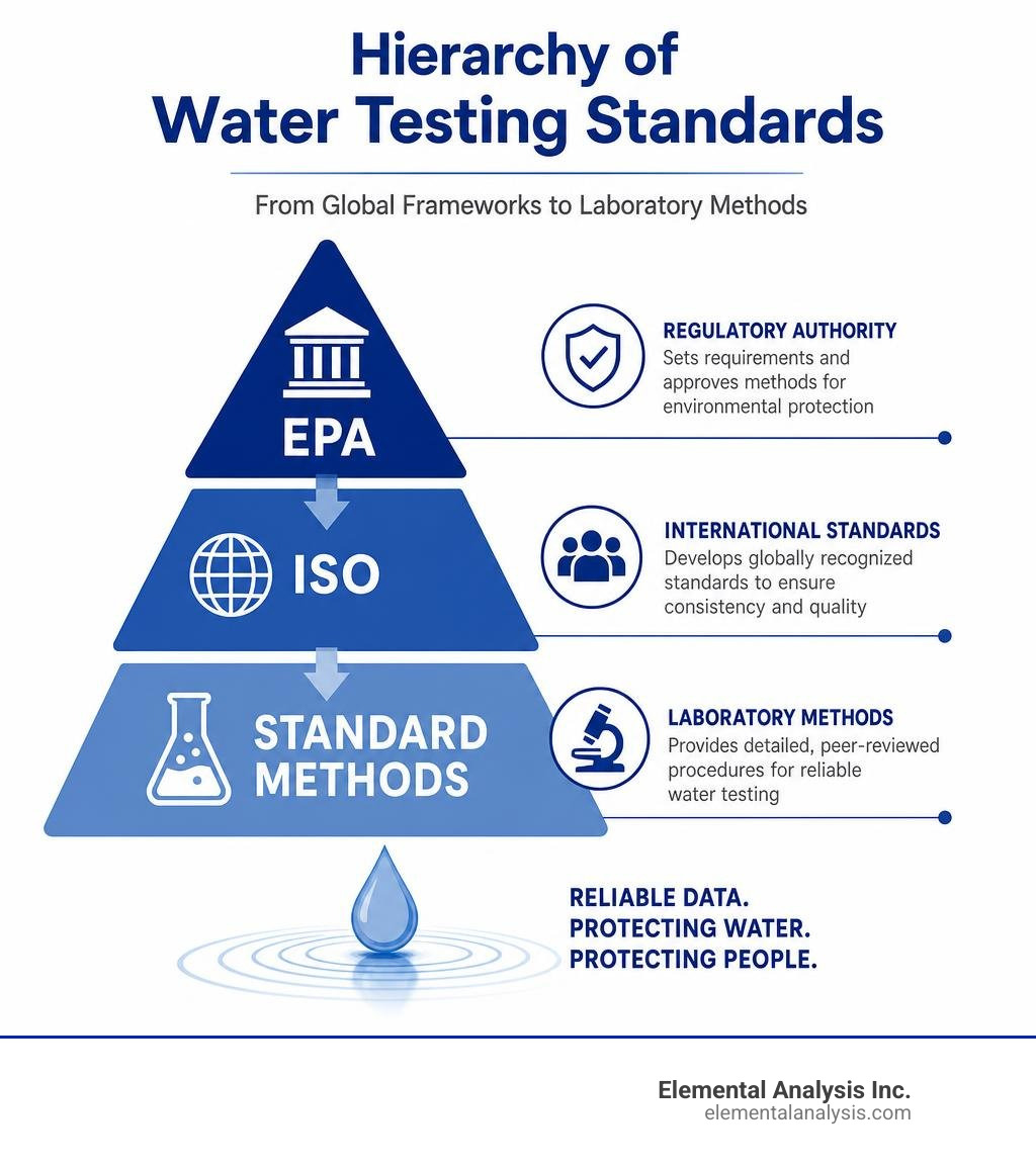 Hierarchy of water testing standards from EPA to ISO to Standard Methods infographic Hierarchy of water testing standards from EPA to ISO to Standard Methods infographic