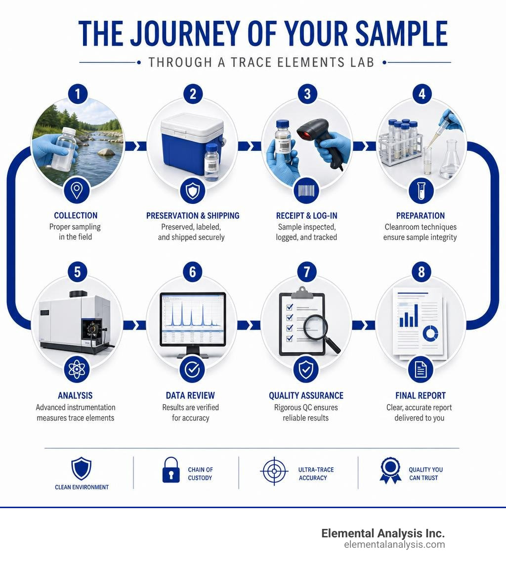 Infographic showing the journey of a sample through a trace elements lab from collection to final report infographic
