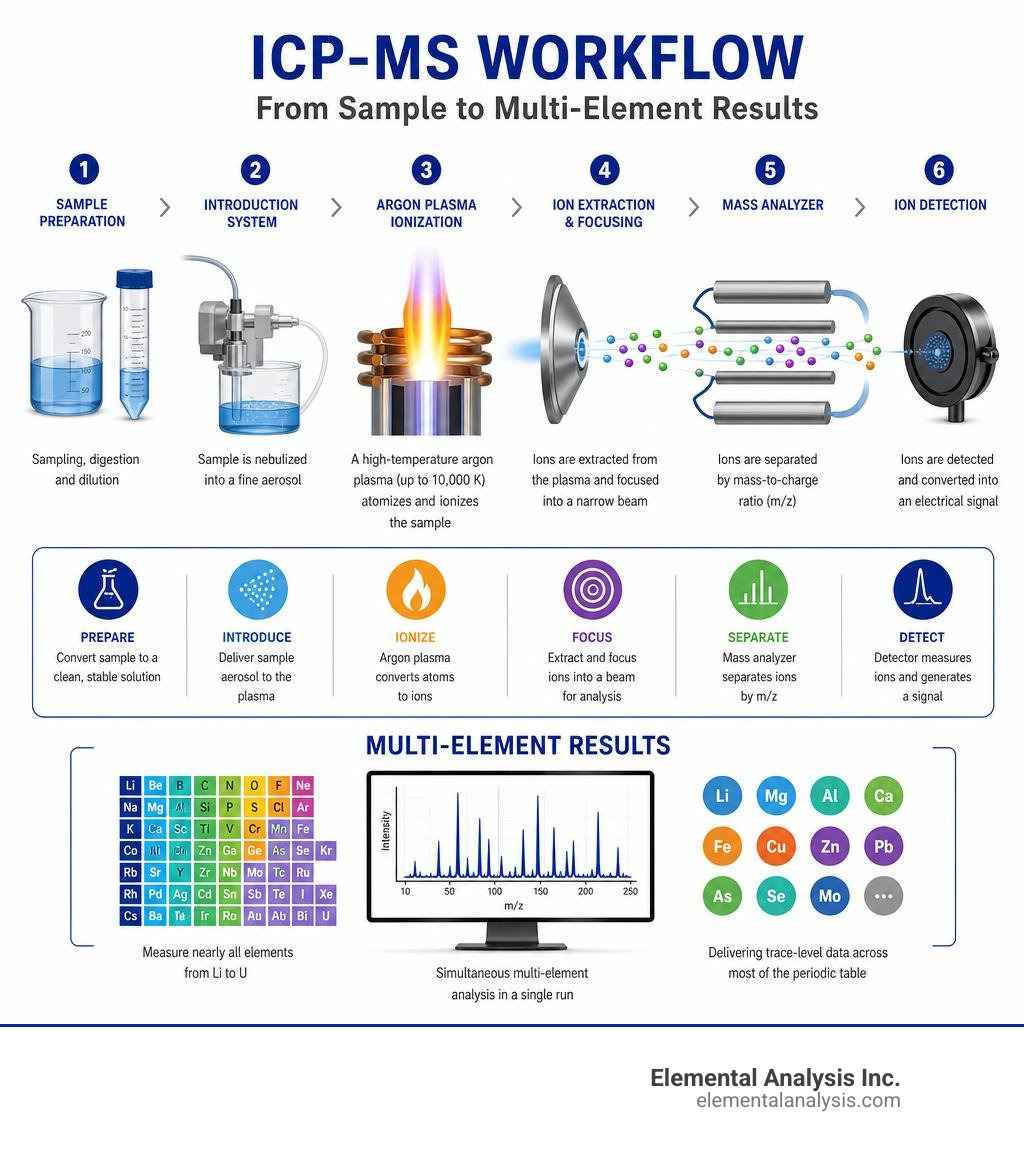 ICP-MS workflow infographic: argon plasma ionization to mass detection, sample prep to multi-element results infographic ICP-MS workflow infographic: argon plasma ionization to mass detection, sample prep to multi-element results infographic