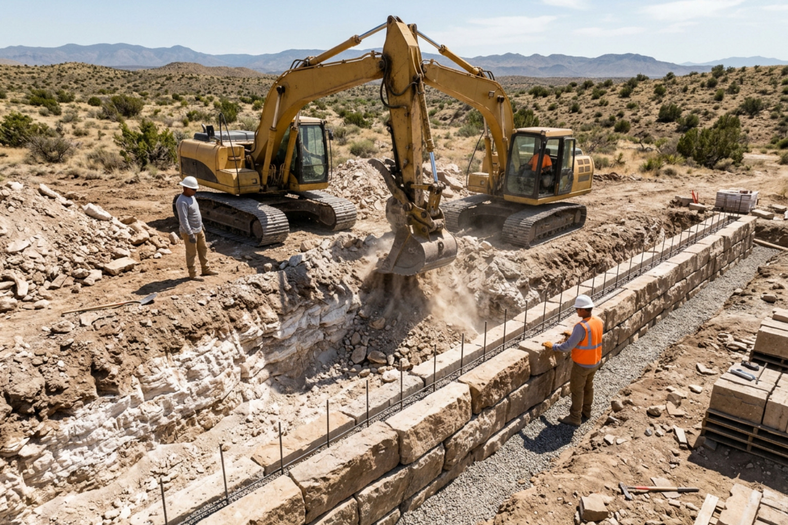 retaining wall construction in rocky desert soil with caliche excavation