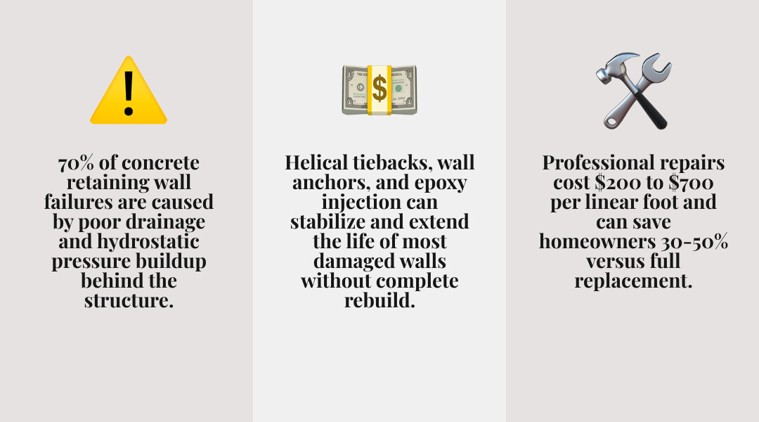 Infographic showing retaining wall failure causes, warning signs, repair methods, and cost ranges infographic