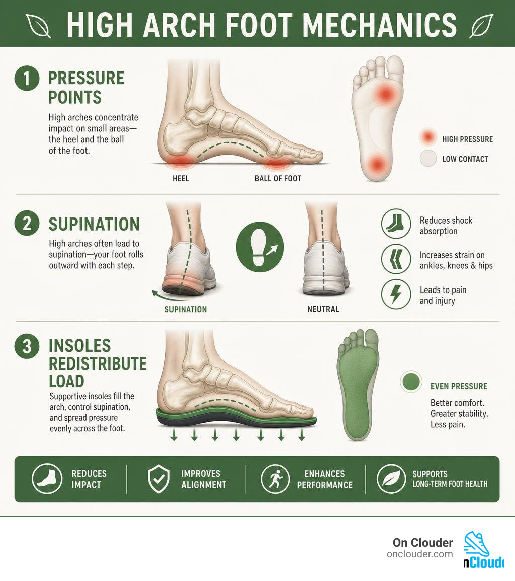 high arch foot mechanics infographic showing pressure points, supination, and how insoles redistribute load infographic high arch foot mechanics infographic showing pressure points, supination, and how insoles redistribute load infographic
