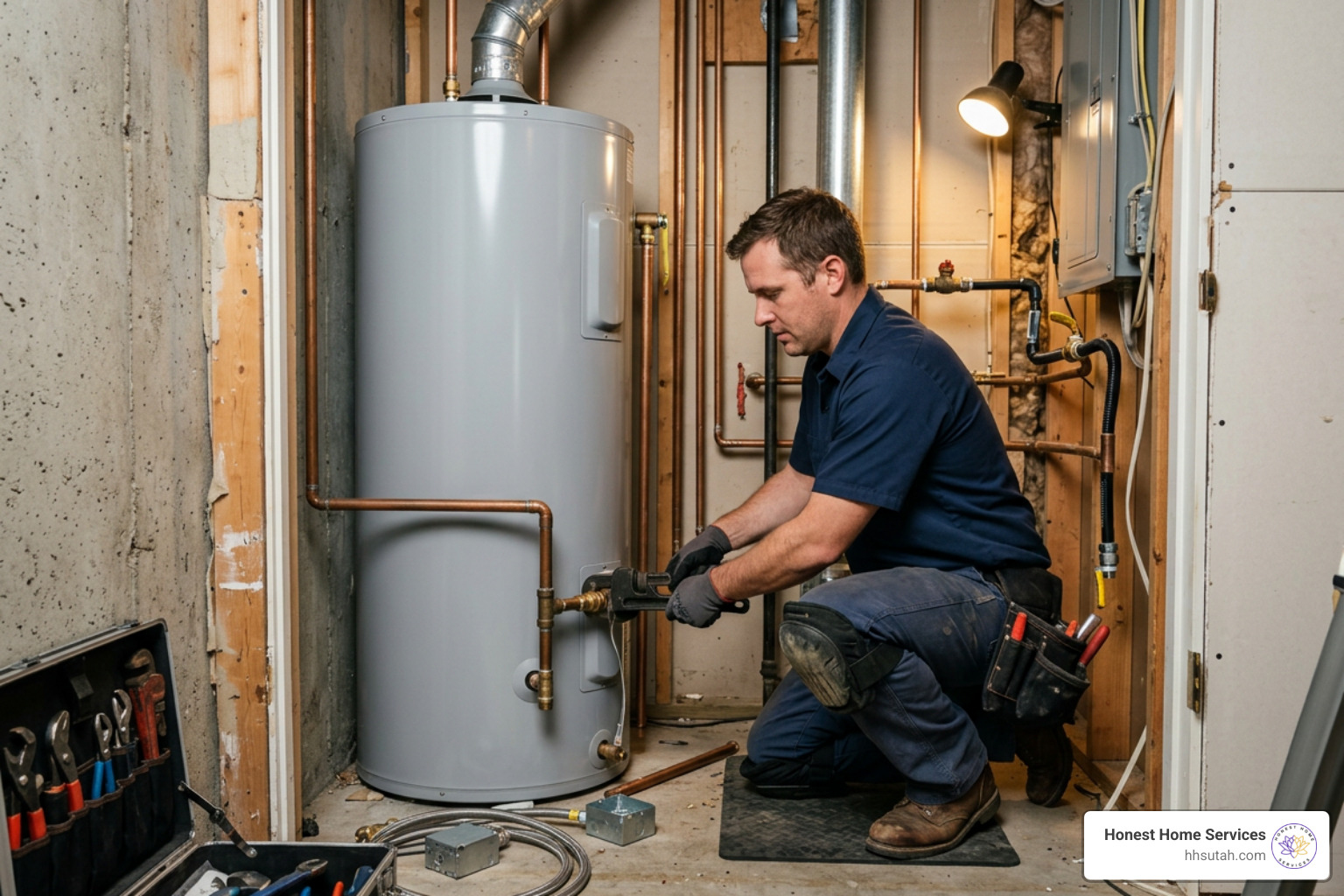 Professional plumber installing a new water heater in a residential basement utility closet Professional plumber installing a new water heater in a residential basement utility closet