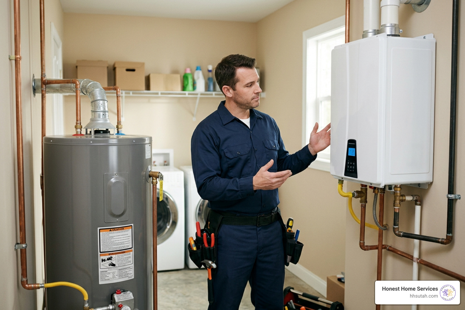 Professional plumber comparing a traditional storage tank and a sleek tankless water heater Professional plumber comparing a traditional storage tank and a sleek tankless water heater