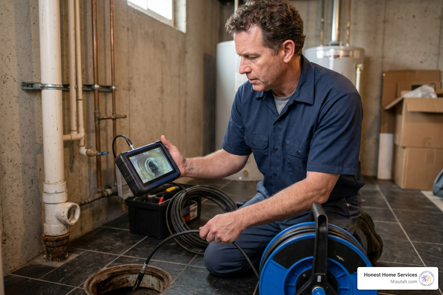 professional plumber using digital diagnostic monitor for sewer camera inspection professional plumber using digital diagnostic monitor for sewer camera inspection