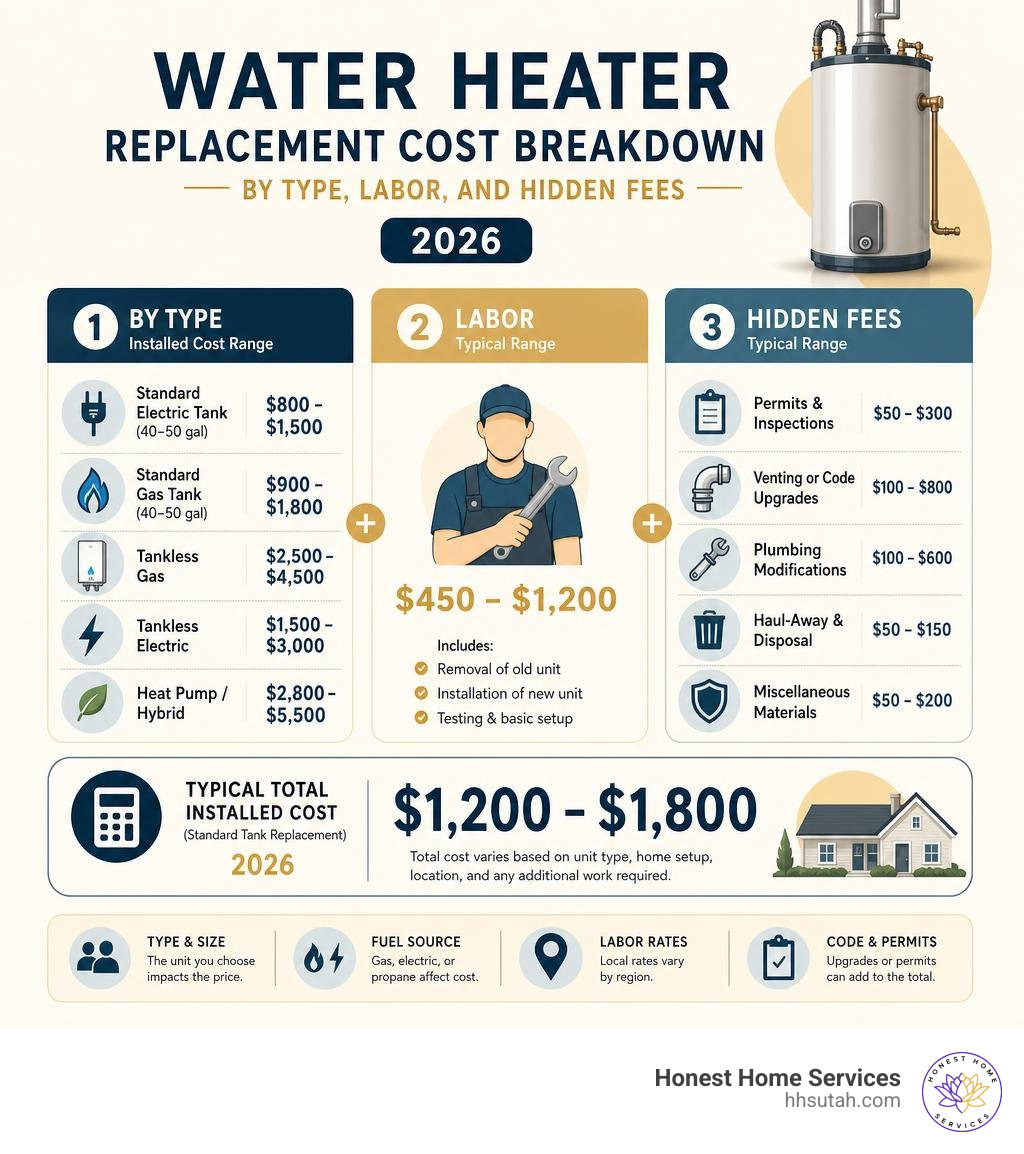 Infographic showing water heater replacement cost breakdown by type, labor, and hidden fees in 2026 infographic Infographic showing water heater replacement cost breakdown by type, labor, and hidden fees in 2026 infographic