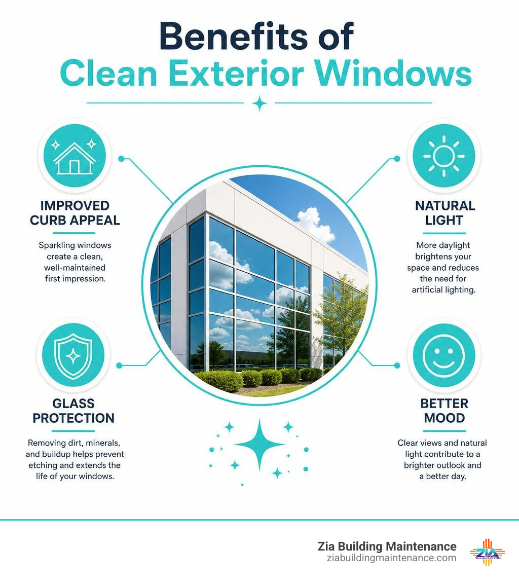 Benefits of clean exterior windows: improved curb appeal, natural light, glass protection, and mood infographic Benefits of clean exterior windows: improved curb appeal, natural light, glass protection, and mood infographic