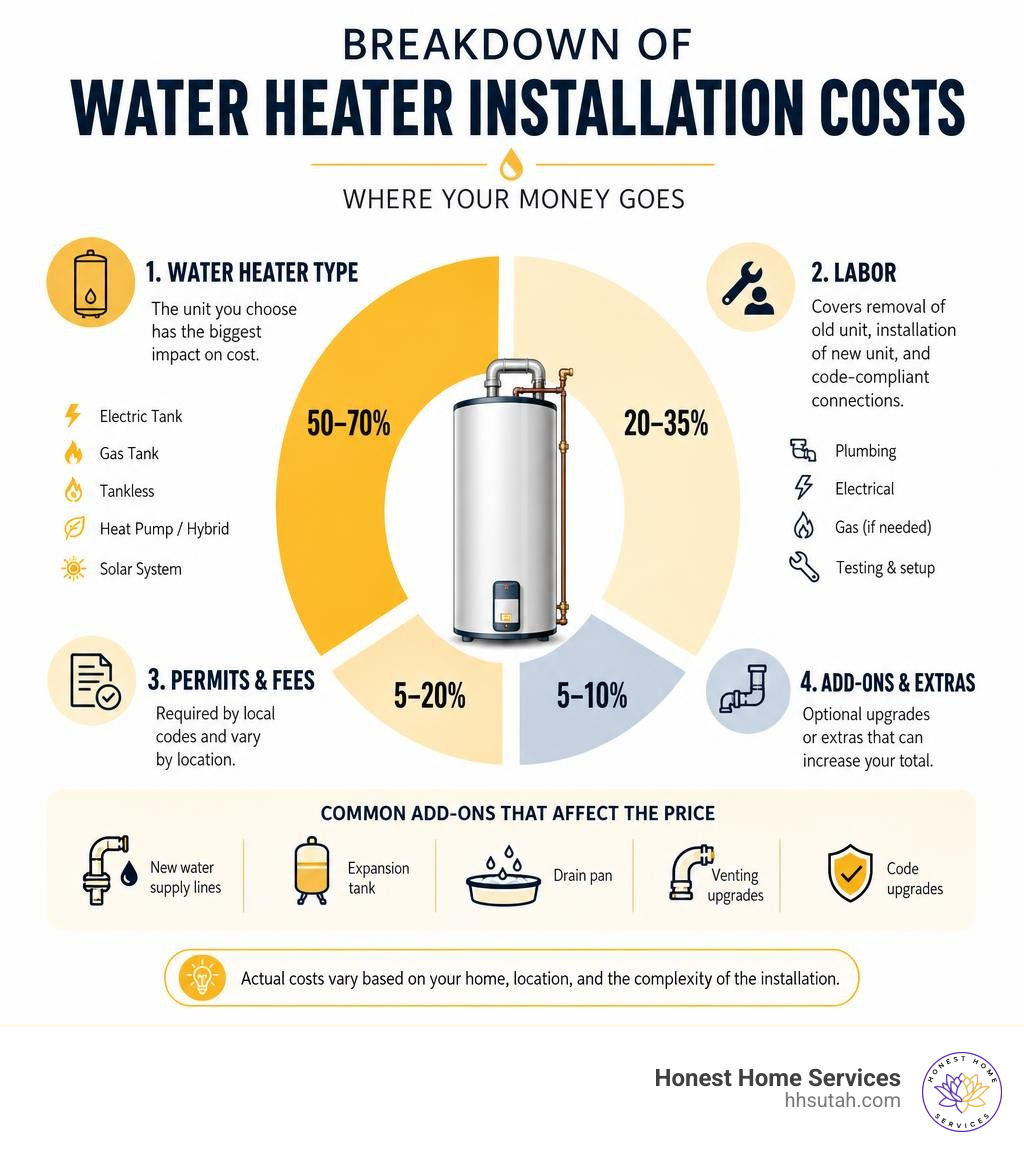 Infographic showing breakdown of water heater installation costs by type, labor, permits, and add-ons infographic Infographic showing breakdown of water heater installation costs by type, labor, permits, and add-ons infographic