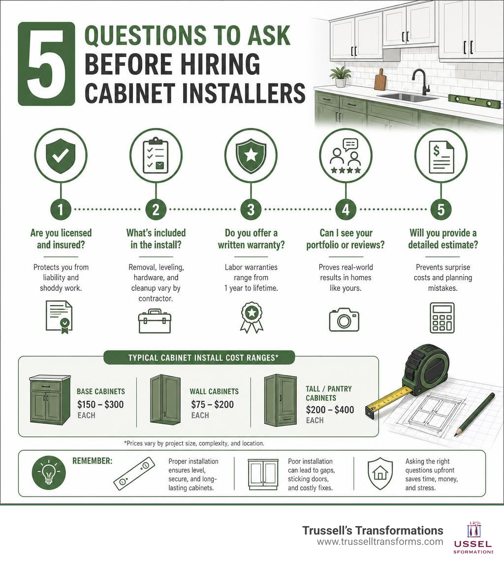 5 Questions To Ask Before Hiring Cabinet Installers Infographic With Checklist Timeline And Cost Ranges Infographic 5 Questions To Ask Before Hiring Cabinet Installers Infographic With Checklist Timeline And Cost Ranges Infographic