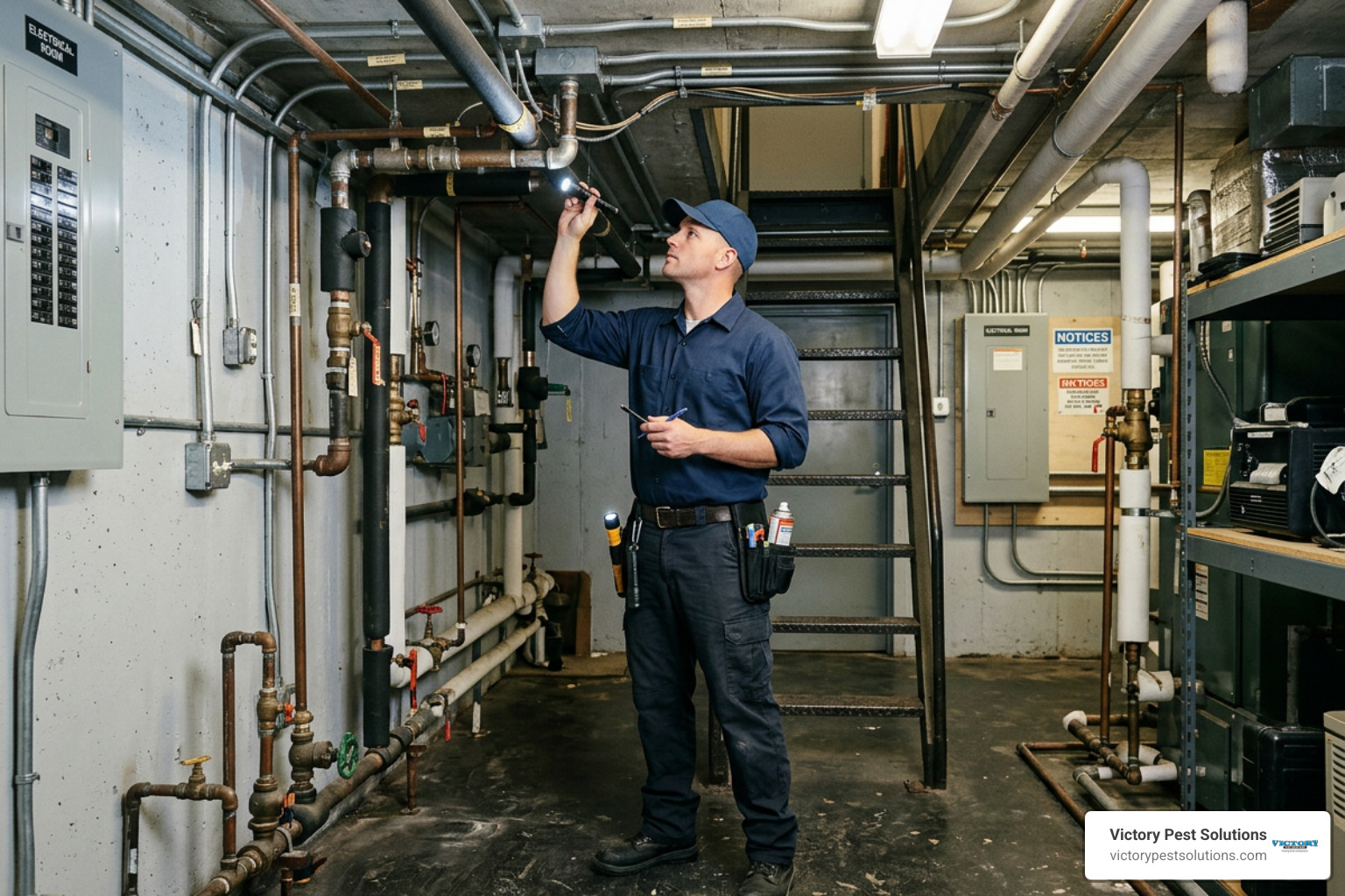 Pest control technician inspecting utility lines in Middletown NY commercial building Pest control technician inspecting utility lines in Middletown NY commercial building