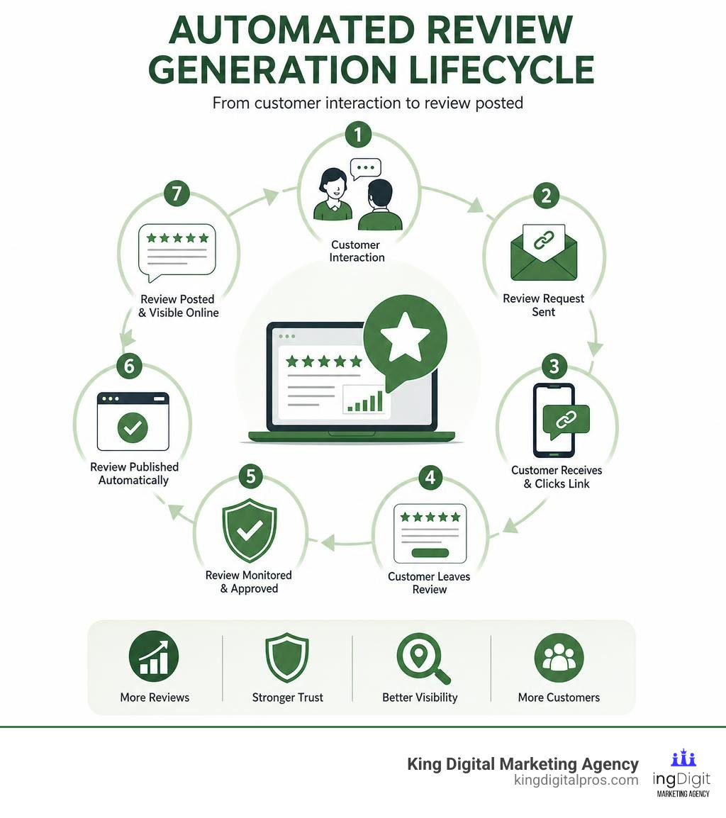 Automated review generation lifecycle infographic showing steps from customer interaction to review posted infographic Automated Review Generation Lifecycle Infographic Showing Steps From Customer Interaction To Review Posted Infographic