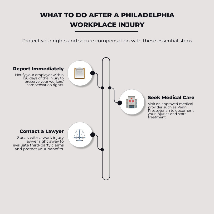 Flowchart of steps to take after a Philadelphia workplace injury: report, seek care, document, call a lawyer infographic Flowchart of steps to take after a Philadelphia workplace injury: report, seek care, document, call a lawyer infographic