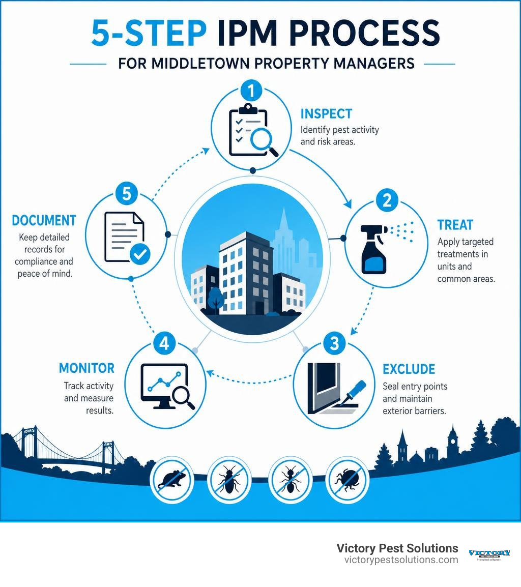 Infographic showing 5-step IPM process for Middletown property managers: inspect, treat, exclude, monitor, document Infographic showing 5-step IPM process for Middletown property managers: inspect, treat, exclude, monitor, document