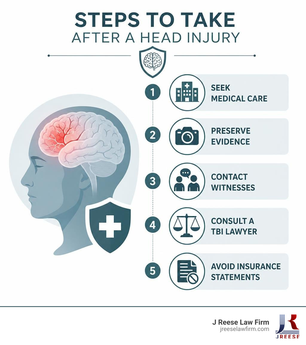 Steps to take after a head injury: seek medical care, preserve evidence, contact witnesses, consult a TBI lawyer, avoid