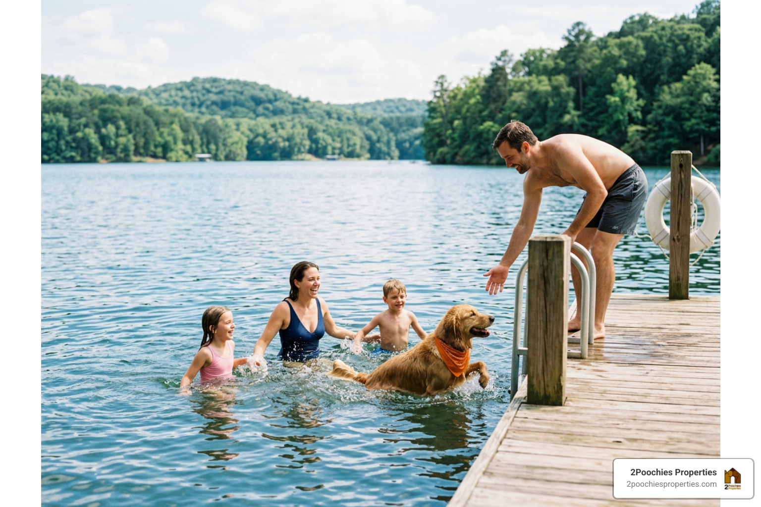 Family swimming in the clear waters of Smith Lake off a private dock with their golden retriever Family swimming in the clear waters of Smith Lake off a private dock with their golden retriever