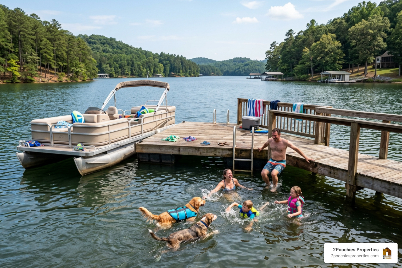 Family with kids and dogs swimming off a private lakefront dock with a pontoon boat nearby Family with kids and dogs swimming off a private lakefront dock with a pontoon boat nearby