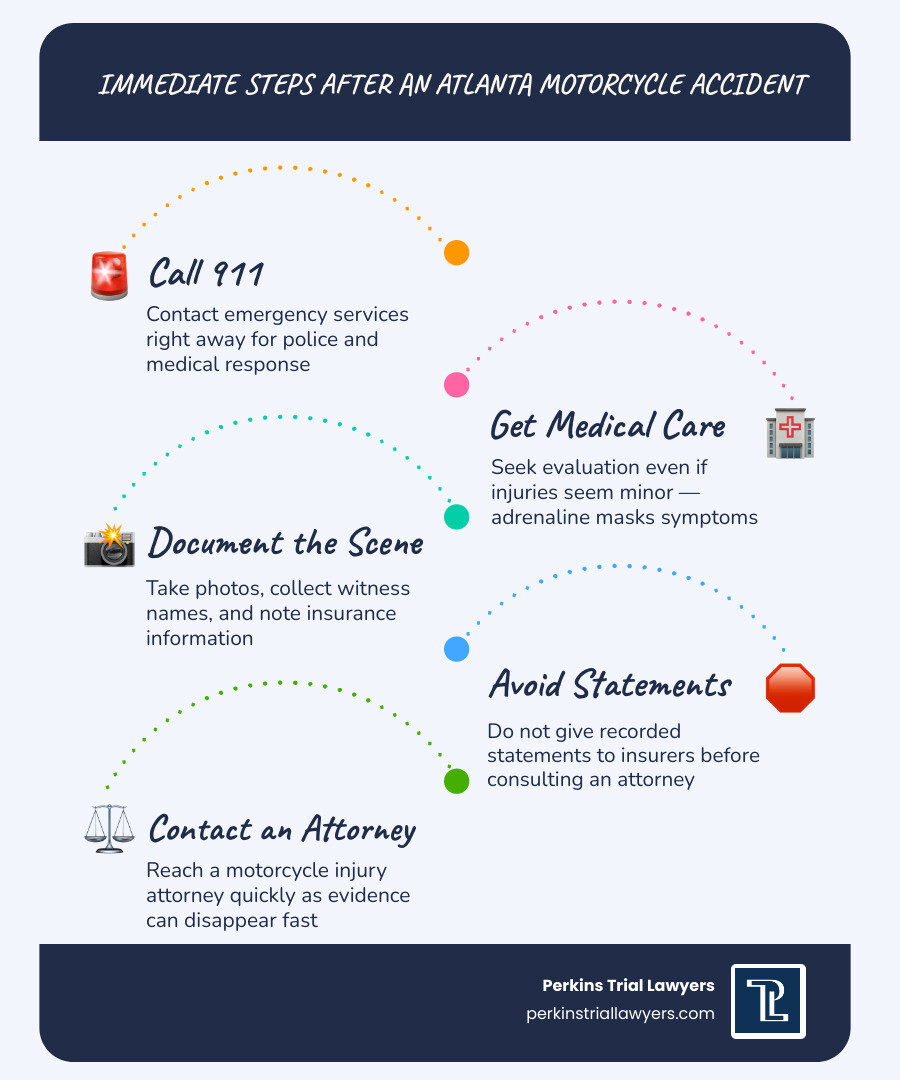 Infographic showing 5 immediate steps after an Atlanta motorcycle accident: call 911, get medical care, document the scene Infographic showing 5 immediate steps after an Atlanta motorcycle accident: call 911, get medical care, document the scene