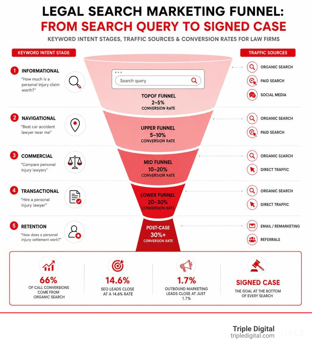 Legal search marketing funnel: from search query to signed case — showing keyword intent stages, traffic sources, and Legal search marketing funnel: from search query to signed case — showing keyword intent stages, traffic sources, and