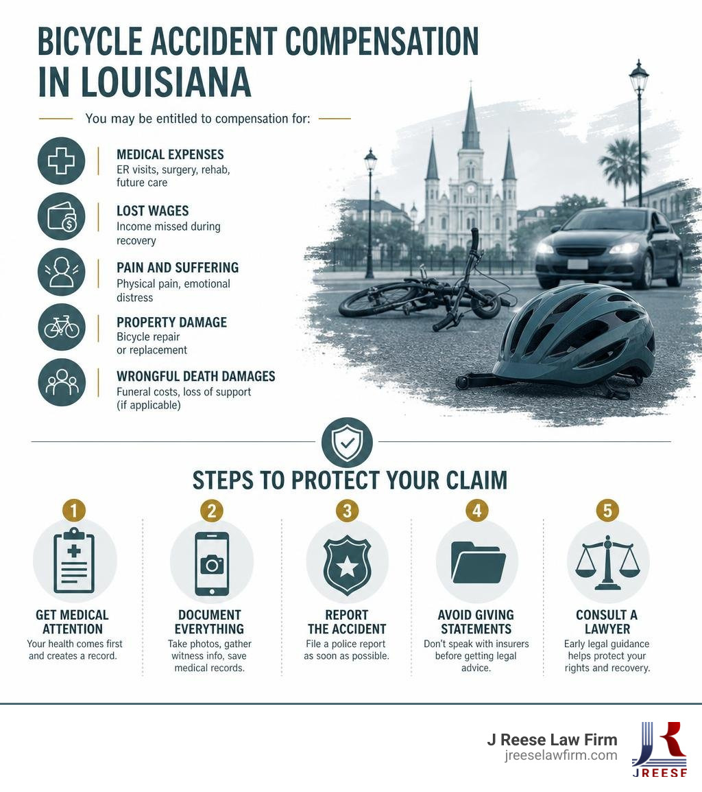 Infographic showing types of bicycle accident compensation in Louisiana and steps to protect your claim infographic