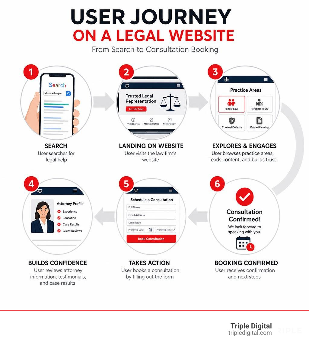 User journey on a legal website from search to consultation booking infographic User journey on a legal website from search to consultation booking infographic
