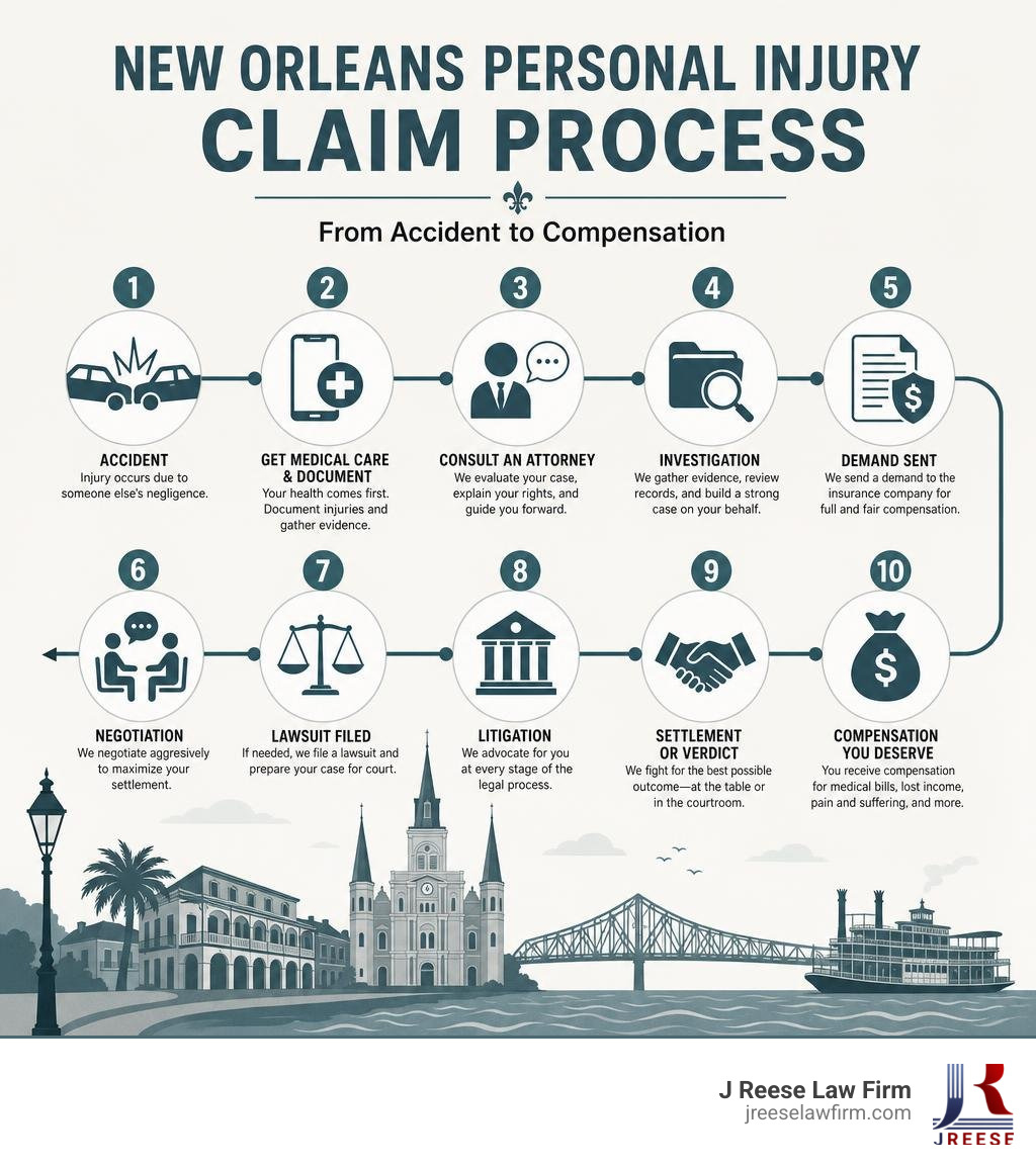 Infographic showing the personal injury claim process in New Orleans from accident to compensation infographic