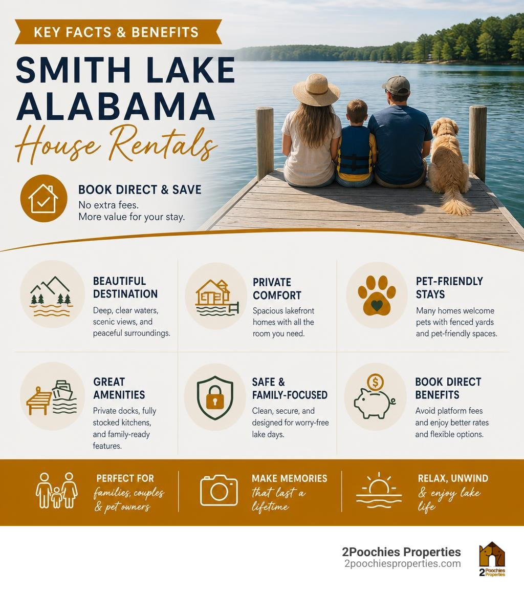 Infographic showing key facts and benefits of booking Smith Lake Alabama house rentals direct infographic